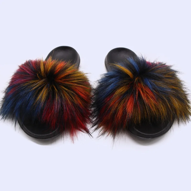 Cheap Imitate Raccoon Fur Many Size Choice And Colors Customized Color Fluffy Faux Fur Slippers Soft