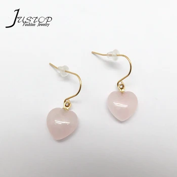 Stainless Steel Jewelry Earring Gold Plated Minimalist Pink Stone Heart Rose Quartz Earrings Natural Stone