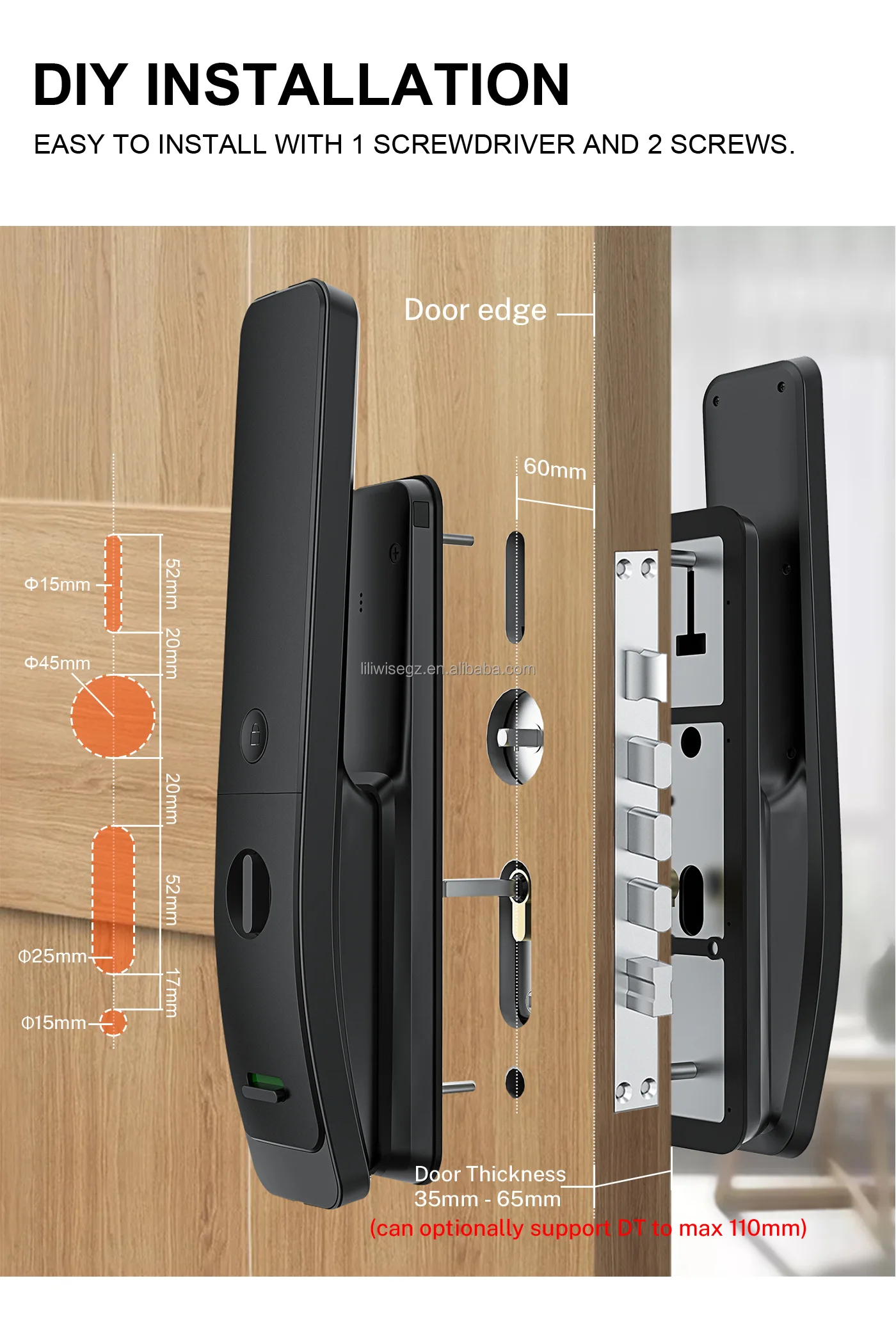 Liliwise High Security Smart Door Lock with Biometric Fingerprint and Tuya WiFi Suitable for 35~60mm Door Thickness