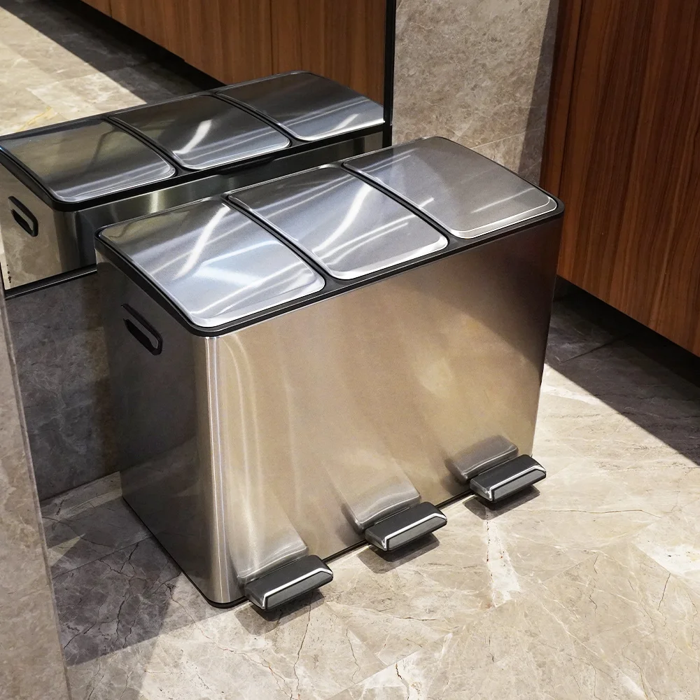 High Quality 45L 3*15L/3*3.9Gallon Triple Compartment Trash Can Stainless Steel Matte Recycle Pedal Bin With Foldable Pedals