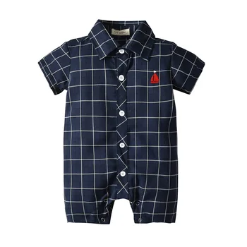 Europe and the United States baby boy clothes onesie Yarn-dyed check short sleeve single breasted romper gentleman style