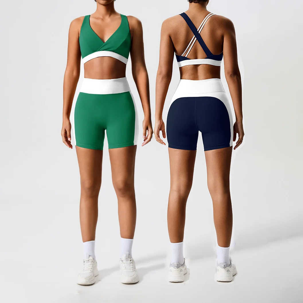 V-Neck Mature Women Sports Sets Bra Pads Gym Fitness Sets for