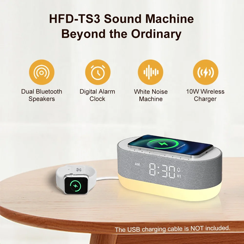 HiFiD Sound Machine with Alarm Clock Dual Speakers 21 HiFi Sounds 10W Wireless Charger White Noise Machine for Sleeping