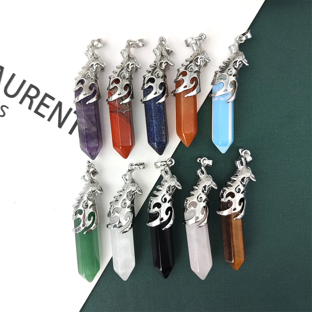 Natural Stone Hexagonal Column Howling Wolf Amethyst Pendant Reiki Gemstone  DIY Men Necklace Healing Crystal Jewelry Opal Charm - Main Image