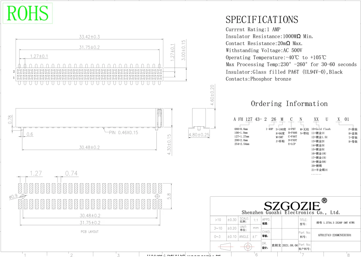 1.27mm 240pins Pin Header Male Female Double Single Row Smt Smd 1.27