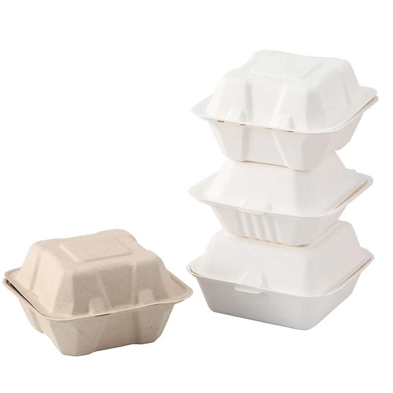 Fast Food Takeaway Container Bio-Degradable Restaurant Containers Bagasse Pulp Clamshell Lunch Hamburger Box