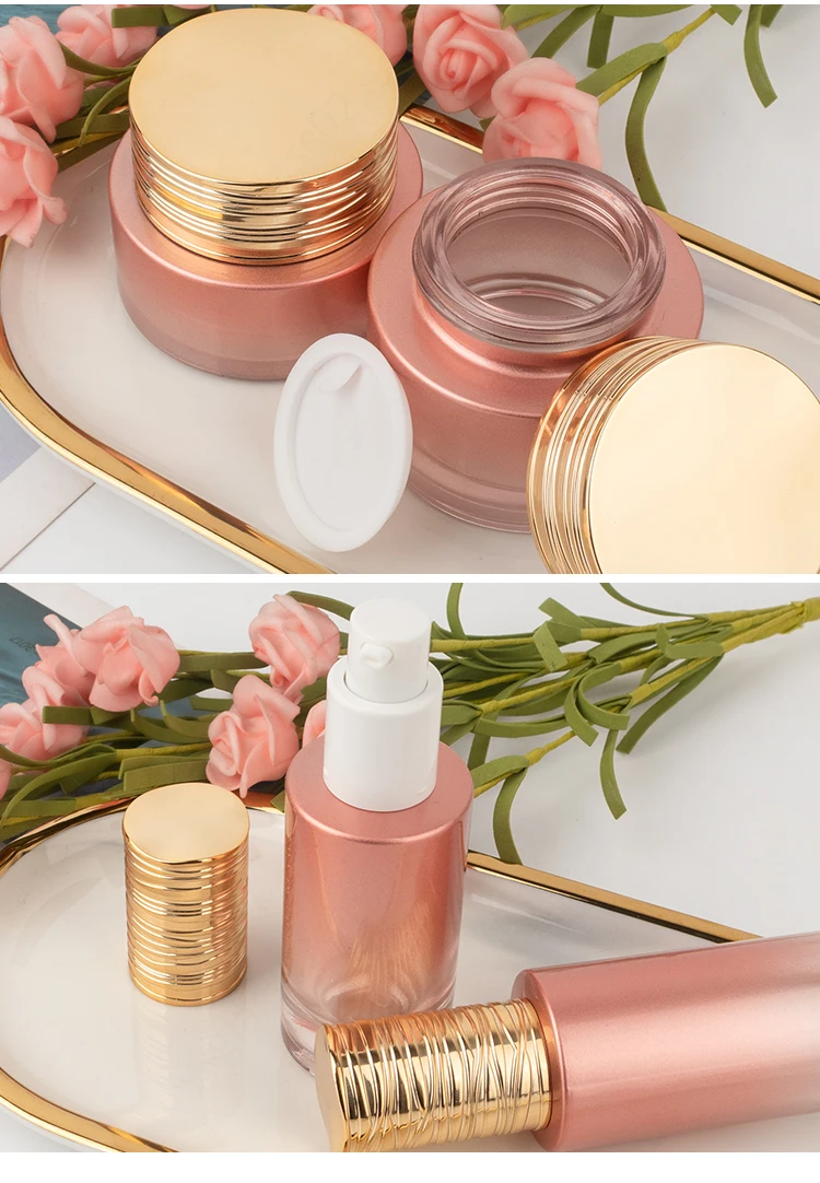 50ml high end thick bottom skincare packaging set pink cylinder glass pump bottle cosmetic face cream jar factory