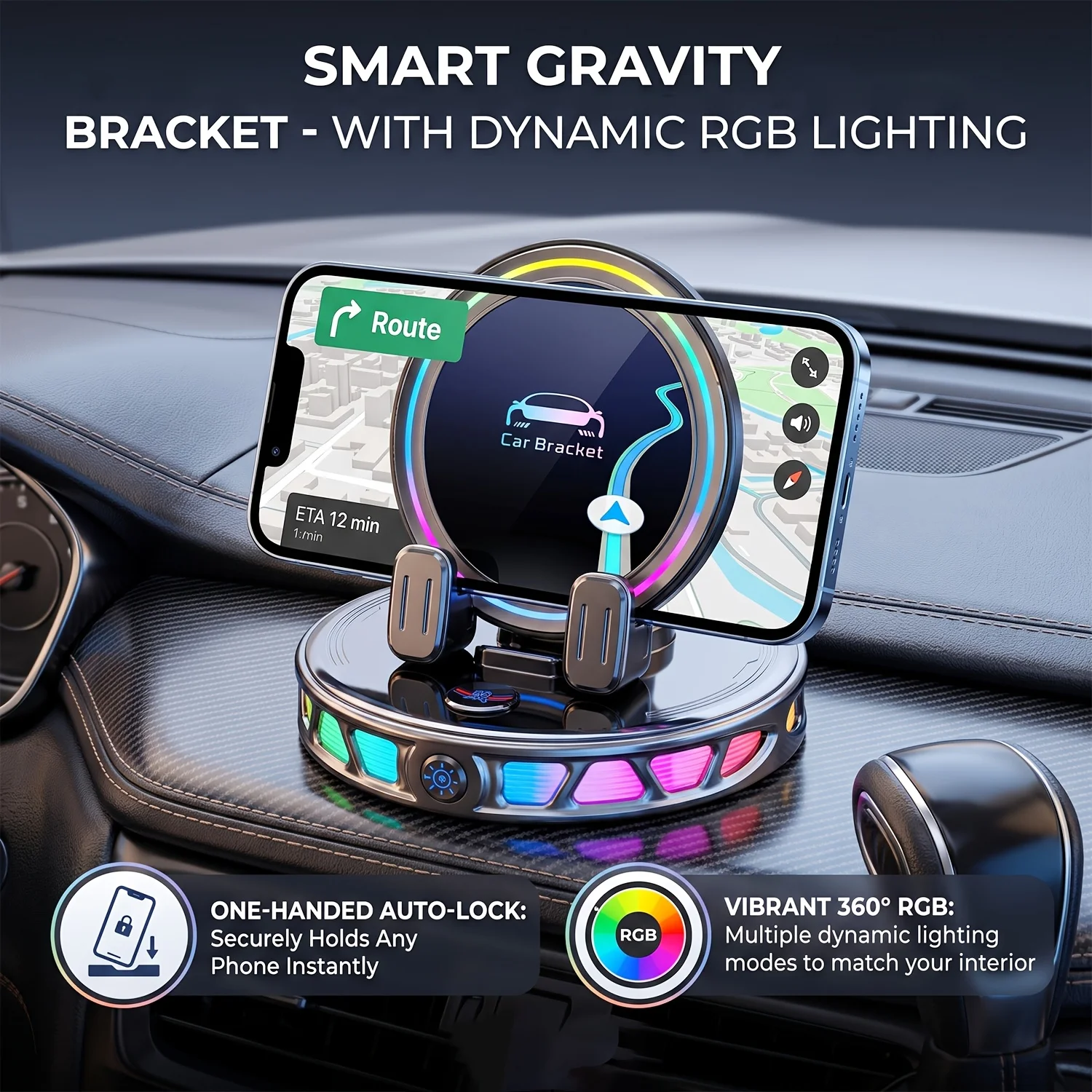 Suction Cup Car Phone Mount (360° Rotation) with LED Light | Gravity-Sensing Auto-Lock Seamless Portrait/Landscape Switching