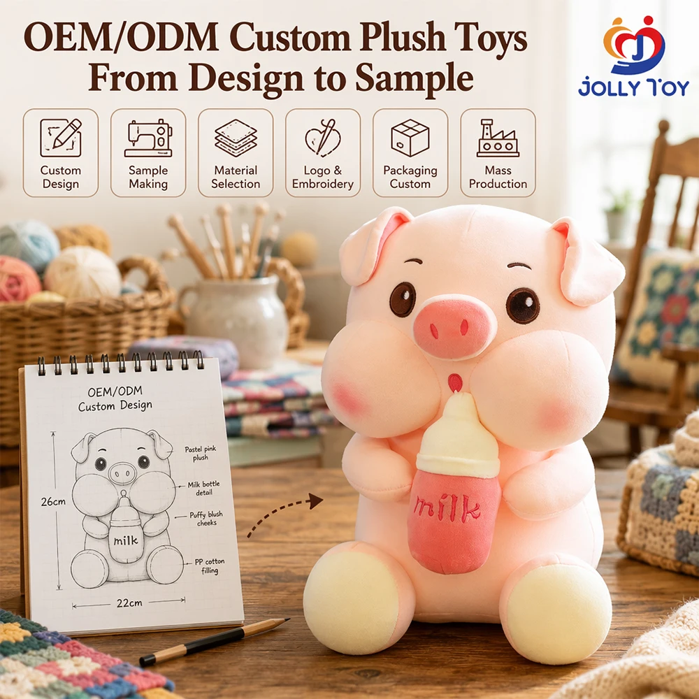 Fábrica de brinquedos de pelúcia OEM em atacado: porco personalizado em rosa-pastel, macio, 26 cm, formato de garrafa de leite com bochechas cor-de-rosa, enchimento em algodão PP, ideal para eventos corporativos