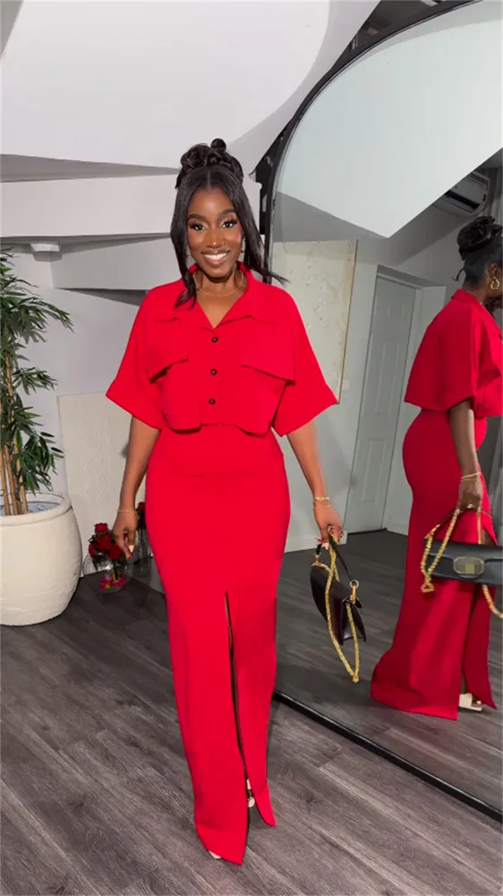 Latest Design Skirt Set Polo Collar Short Shirt Top and Long Split Skirt Set 2 Two Piece Summer Outfits for Women 2024 Elegant