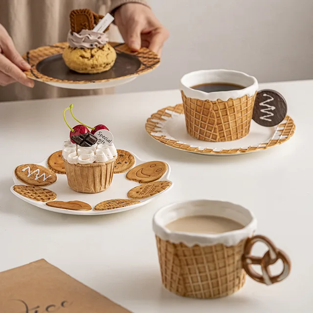 INS Ceramic Coffee Mug Lovely Biscuit Shaped Breakfast Cappuccino Milk Tea Cup Dessert Snacks Cookie Plate Restaurant Tableware