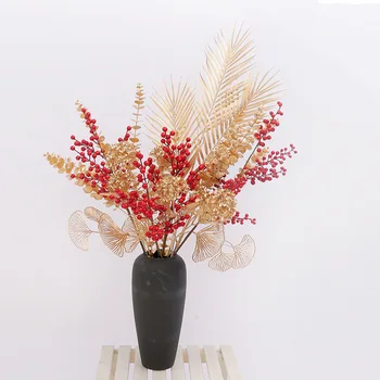 Red Rich Fruit and Golden Eucalyptus Arrangement Ginkgo Gold Fan Leaf for Christmas New Year Floor Decoration