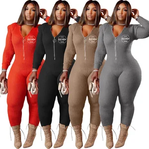 2026 New Design Women's Casual Spring Wear Jumpsuits Full Length Knitted Polyester Long Sleeve Zipper Design Jumpsuit