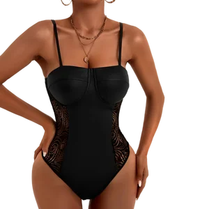 Vintage Guipure Lace Insert Bustier PU Cami Tops With Underwear Women Faux Leather Tight Jumpsuit Romper Bodysuits Elegant Cami