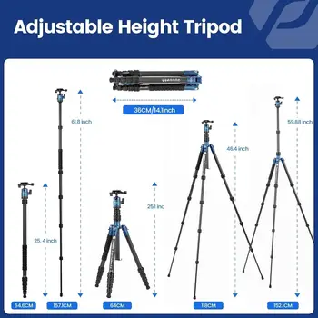Fotopro 59" Carbon Fiber Travel Tripod Detachable Monopod Compact Camera Tripod with Ball Head detail image