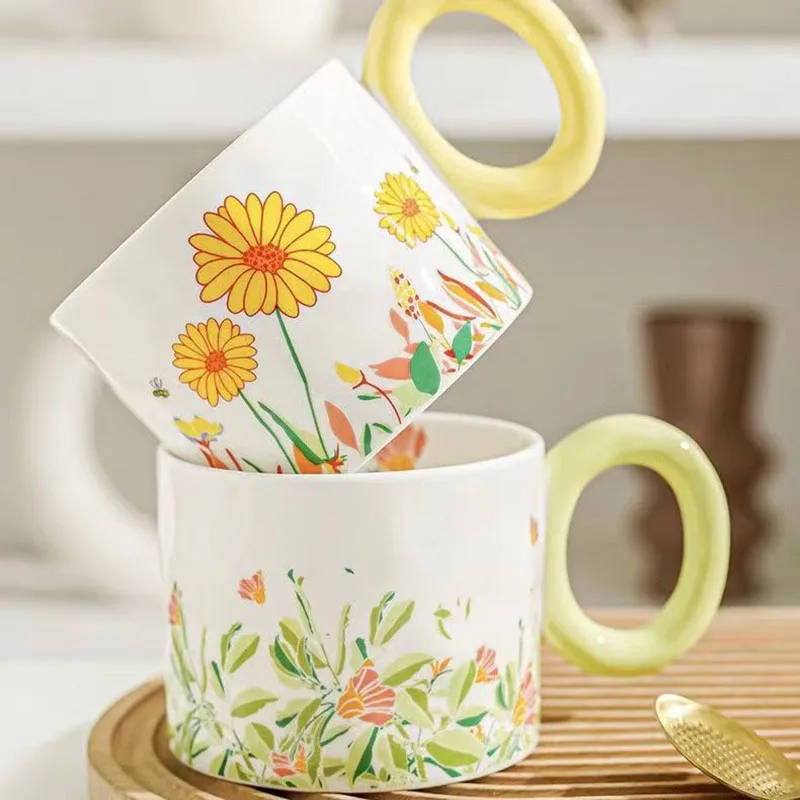 Hand Painted Floral Ceramic Coffee Mug Customized Oem