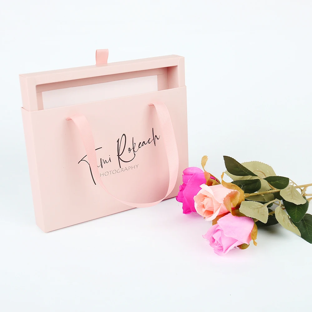 Custom Pink Valentine's Day Gift Box Paper Cosmetics Packaging Drawer Box with Ribbon Handle Rose Soap Rigid Box for Perfume