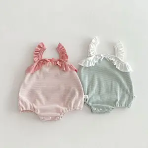 Summer Casual Baby Girl Clothing Lace Stripes Jumpsuit Button Closure Thin Suspender Plain Baby Rompers