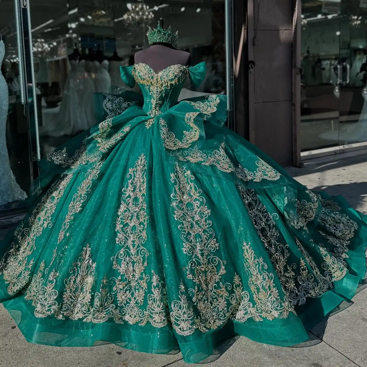 slim fit dress slacks Off Shoulder Emerald Green Sweetheart 16 Quince Dresses Satin Lace Prom Dress US10 / Same As Picture main image 0