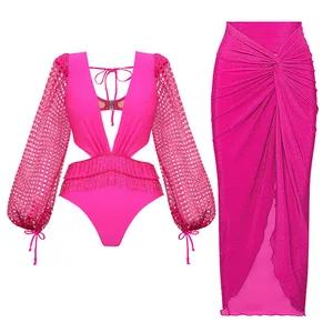 2024 New Retro Hollowed-Out Backless Sexy Swimsuit Long Sleeves Gather Luxury Solid Color Knitted Beach Skirt Female Swimwear