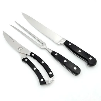 3PCS High Quality And Profession Kitchen Knife Set Black Scissors Carving Knife And Fork Set