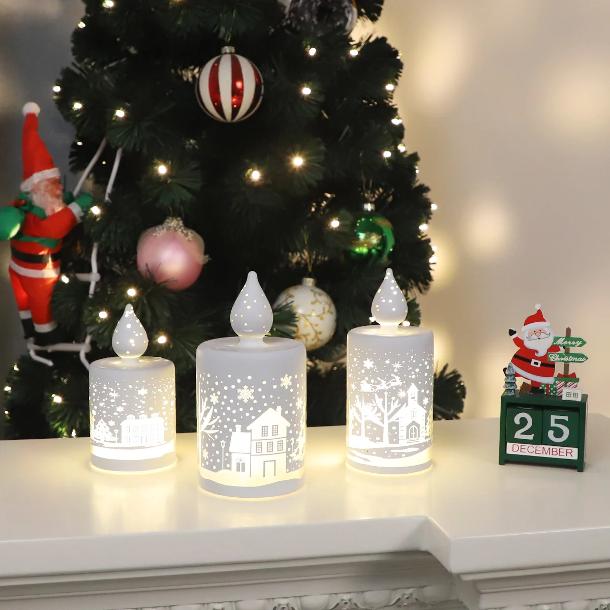 Personalized Set Of 3 LED Glass Christmas Electrical Candle Without Fire Safety Festival New Year Home Living Room Decoration details