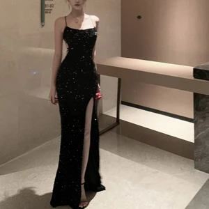 Glamorous Modern Spaghetti - Strap Black Sequin Gown with High Slit Bodycon Fit Stylish Evening Outfit