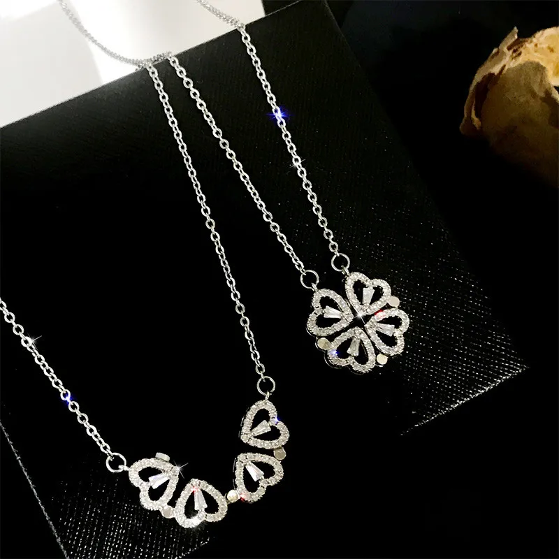 THE IMITATION Four Leaf Clover Necklace For Women Stainless Steel Gold  Chain Magnet Love Heart Pendant