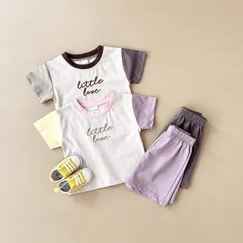 Children's summer solid color stitching short sleeve suit baby casual T-shirt two-piece baby cotton summer clothing