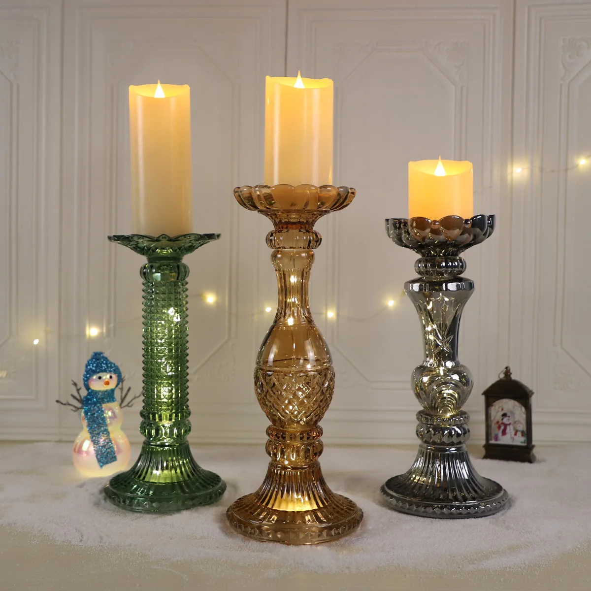 Vintage luxury home decoration tabletop tall long stem pillar clear gold ribbed glass taper candle stand stick holder set of 3