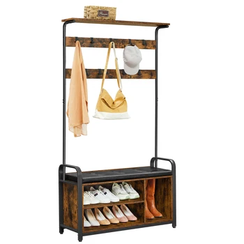 VASAGLE Hall Tree With Bench & Shoe Storage | 6 Tri-Hooks, 16 Compartments, Farmhouse Style Entryway Furniture, Heather Greige