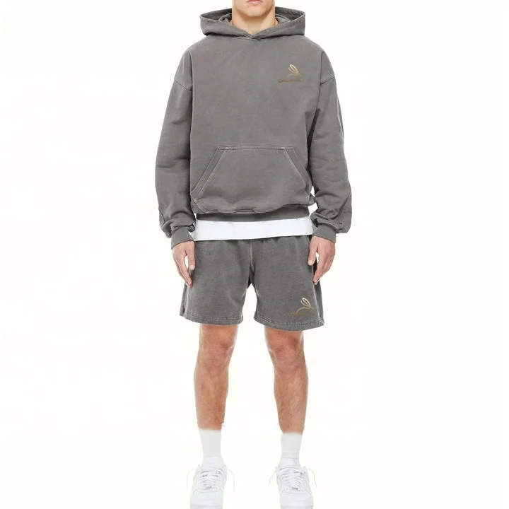 Custom Logo Mens Hoodie And Shorts 2 Piece Set Washed Track Sweat Suit