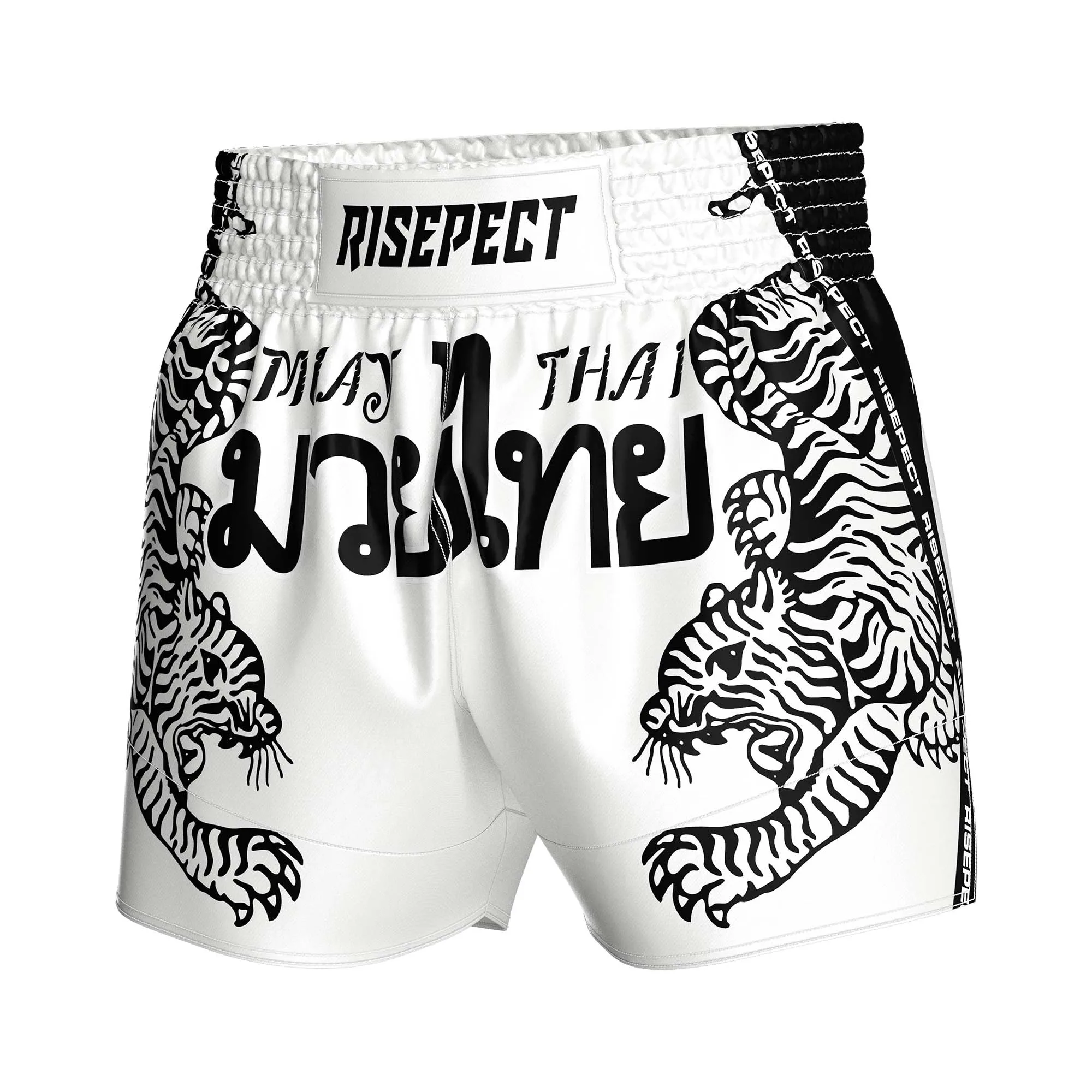 RISE Unisex White Silk Smooth Muay Thai Shorts Tiger Print Authentic Thai Boxing Training MMA Martial Arts Wear Customizable OEM