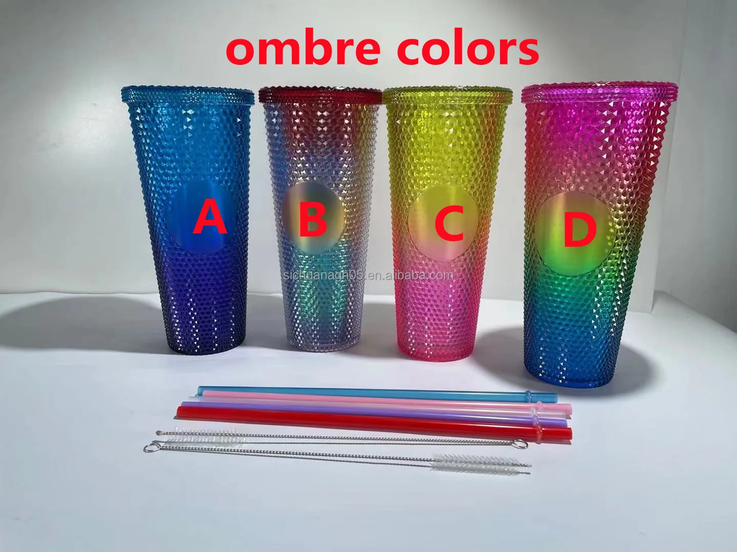 DSY BPA FREE 24oz Coffee Mug Double Wall Plastic Acrylic Shiny Matte Snow globe Studded Cups Tumbler with Straw and brush