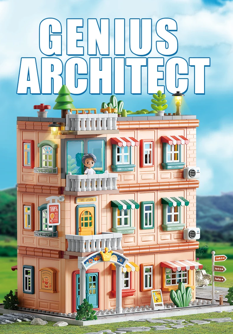 FEELO2024, новый 382 шт., строительные блоки для виллы, Прямая продажа с фабрики, трехэтажный Солнечный двор, строительные блоки для виллы для детей