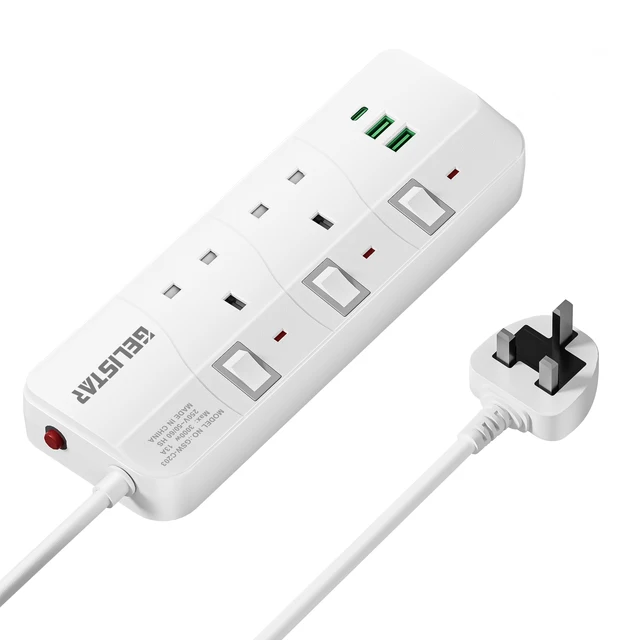 High Quality UK Standard British Extension Power Socket UK Plugs 2 Outlet 2USB 1 Type c Port Power Strip
