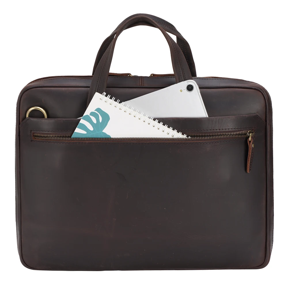 TIDING Custom Vintage Men Brown Slim Crossbody Genuine Leather Laptop Briefcase Bag