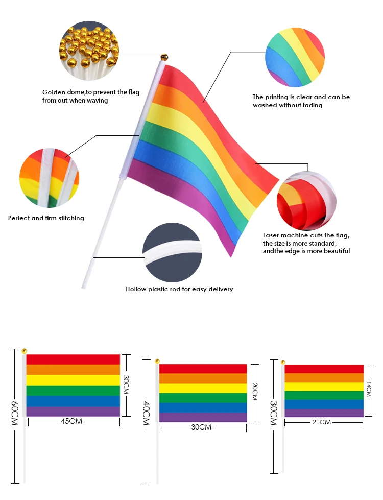 Customized small size shake flag polyester wooden printed lgbt gay pride 14*21cm hand waving hand held rainbow flags