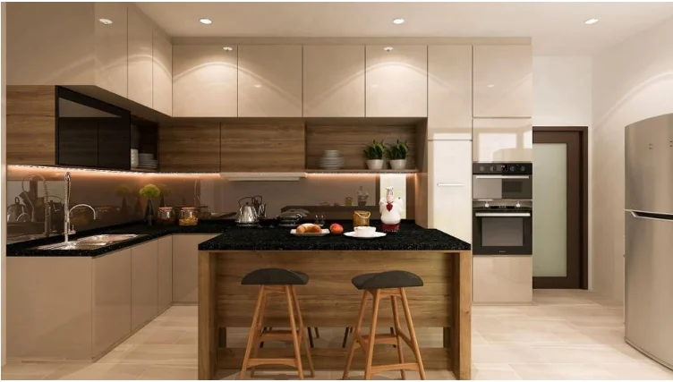 Modern Customized U Shape Wooden Waterfall Island Kitchen Cabinets