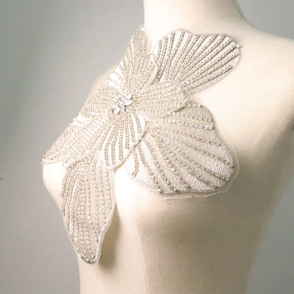 Luxury 3D Flower Beaded Patches with Silver Metallic Thread Sew-On Style Beaded Embroidered Collar Lace Applique