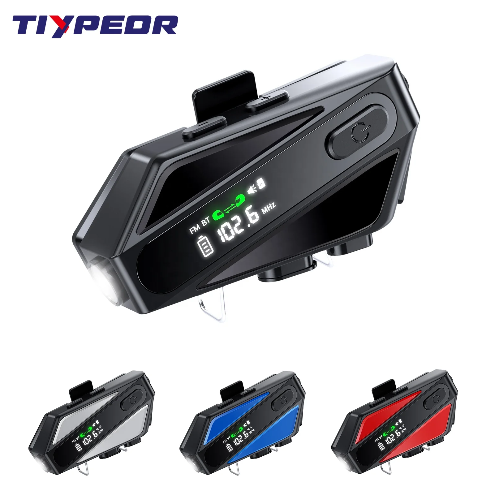 TIYPEOR Motorcycle Helmet Bt Walkie-Talkie Headset CVC Noise Reduction OneClick Wake-Up Voice Assistant Led Lighting Fm Function