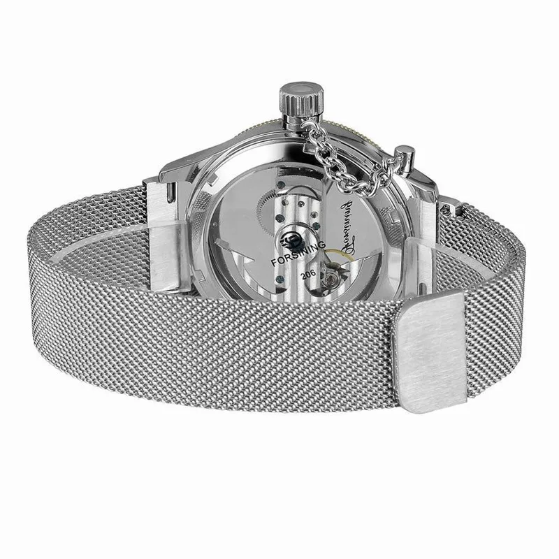 Forsining Men Transparent Design Mechanical Watch Automatic Silver Golden Gear Skeleton Mesh Belts Clock 206