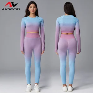 New Style Fashion Blue and Purple Gradient Color Slimming Elastic Exercise Yoga Set for Women
