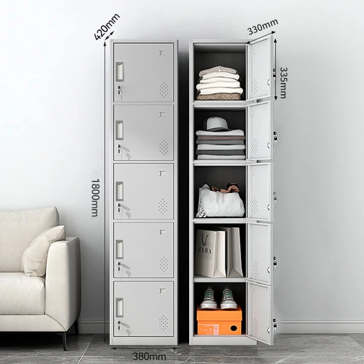 Gray White Steel Five Door Locker for School, Gym, and Office Storage Solutions