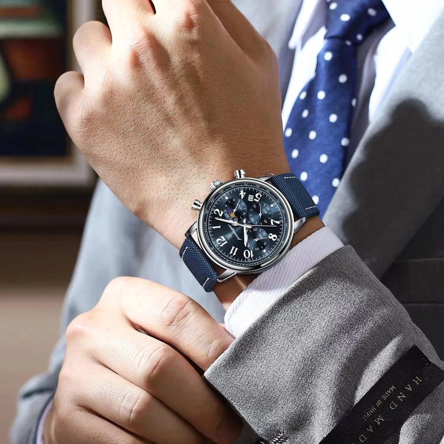 Luxury Silver Blue Quartz Chronograph Watch for Men