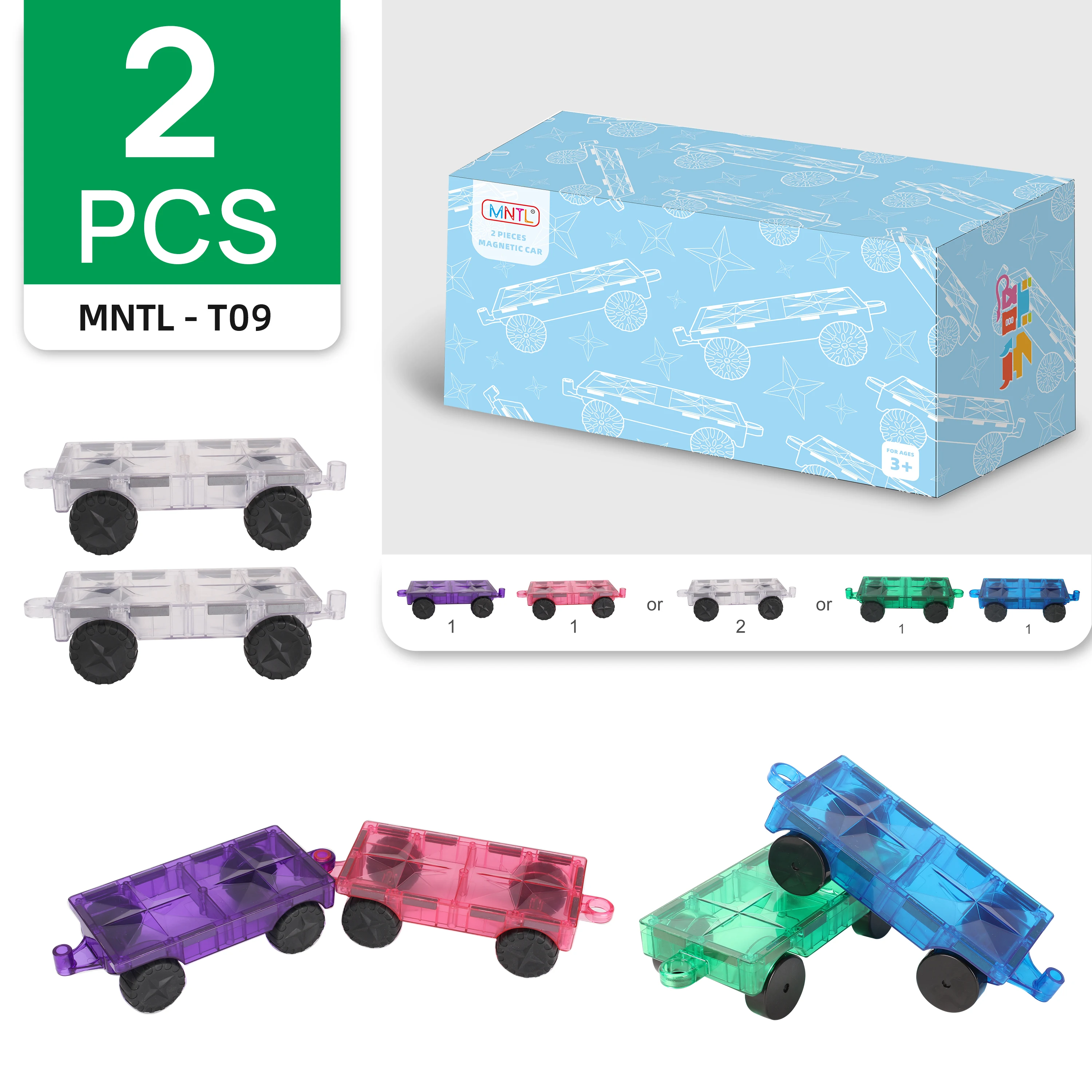 MNTL STEM Kids Educational Magnetic Block Toys 2pcs Magnetic Tiles Car Toy for Montessori Kindergarten