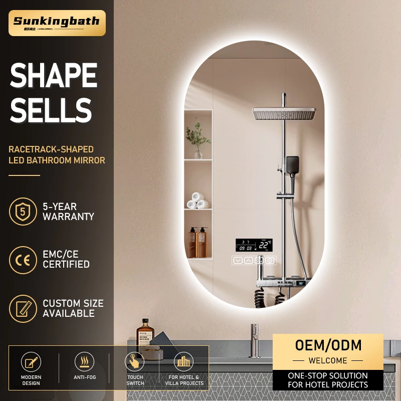 Customized Dimmable Led Oval Espejos Inteligentes Adjustable Brightness Smart Mirror Run-way Bathroom Mirror with Led Light