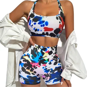 Customized Yoga Set Color Block Dip Dye Thin Strap Yoga Bra and High Waist Breathable Shorts Two Piece Women's Sportswear