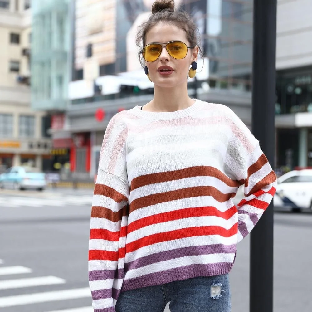 Long Sleeve Comfortable V-neck Women White Rainbow Stripe Pattern Sweater -  Buy Rainbow Stripe Pattern Sweater,Colorful Striped Sweater,Long Sleeve  Fashion Sweater Product on Alibaba.com