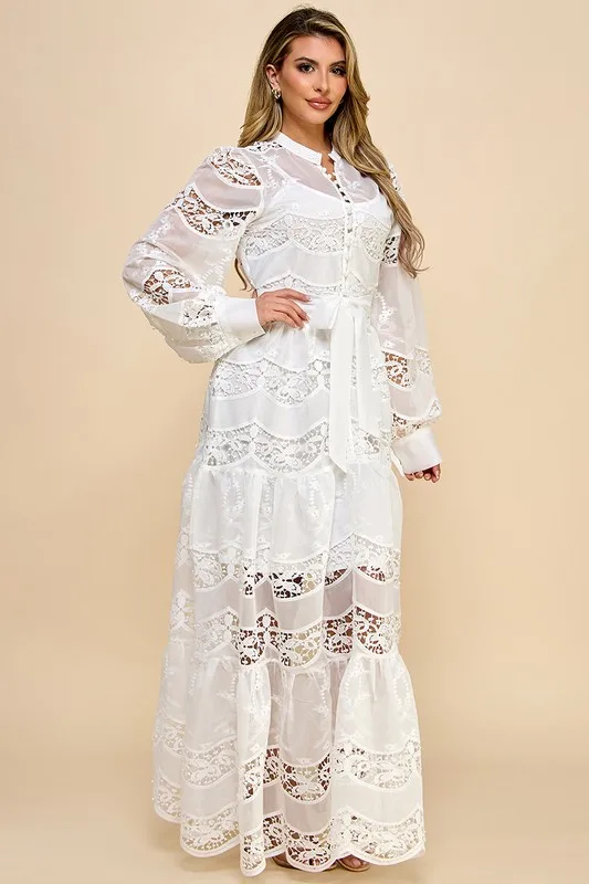 Ladies White Lace Dress With Perspective Lantern Sleeves Lace Waist Button Decoration Sweet Style For Commuting Shopping Travel - Image 5